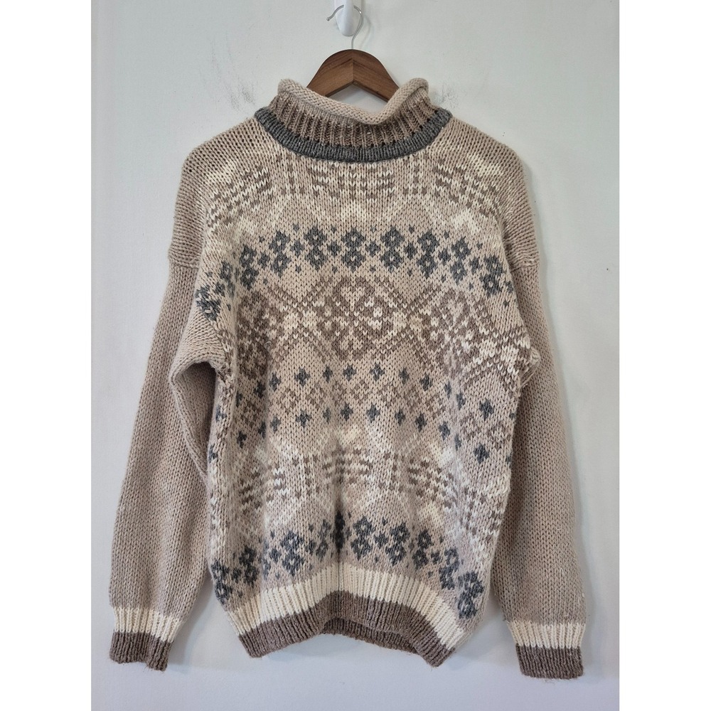 Vintage Fair Isle Mock Roll Neck Sweater Chunky Grandmacore Cottagecore 80s Cozy
